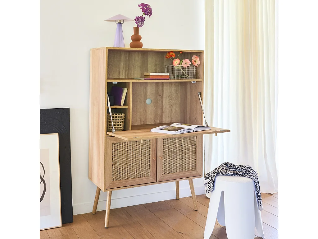 Escritorio de 2 puertas con estantes, efecto madera y caña natural