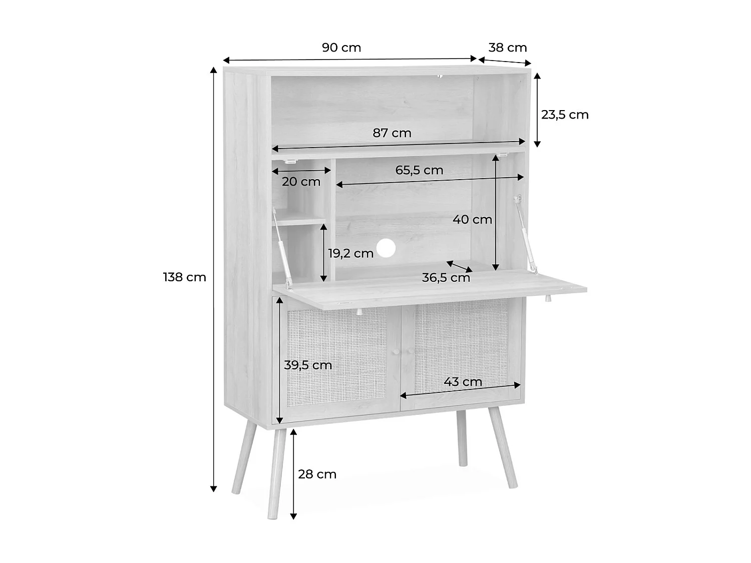 Escritorio de 2 puertas con estantes, efecto madera y caña natural