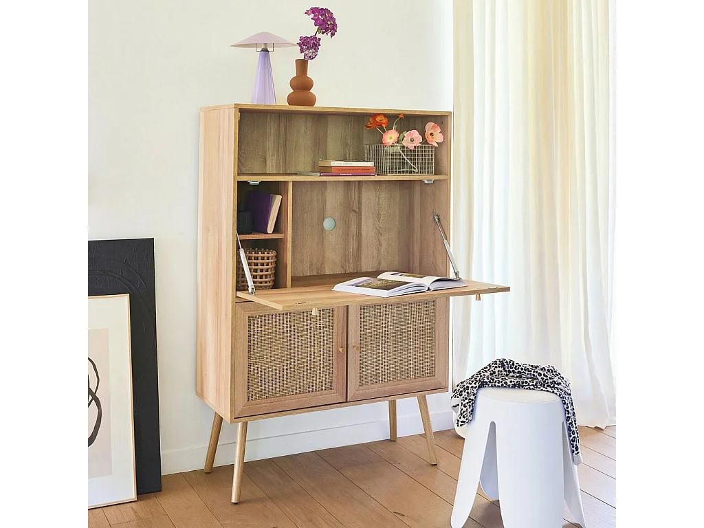 Scrittoio effetto legno e canna da zucchero, 2 ante con ripiani,