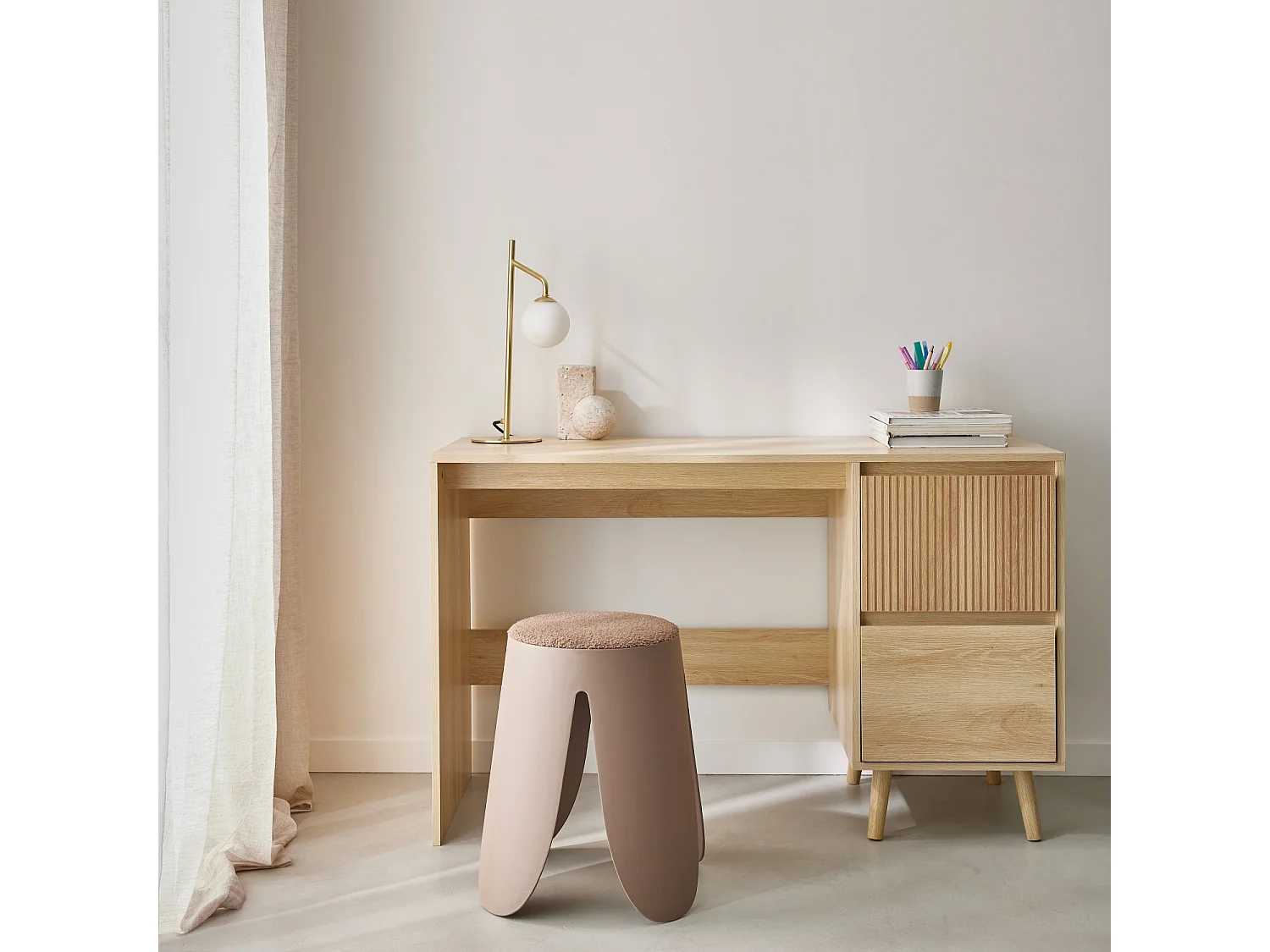 Scrivania scandinava decorazione in legno, 2 cassetti, Linear, Marrone naturale, 120x48x75 cm