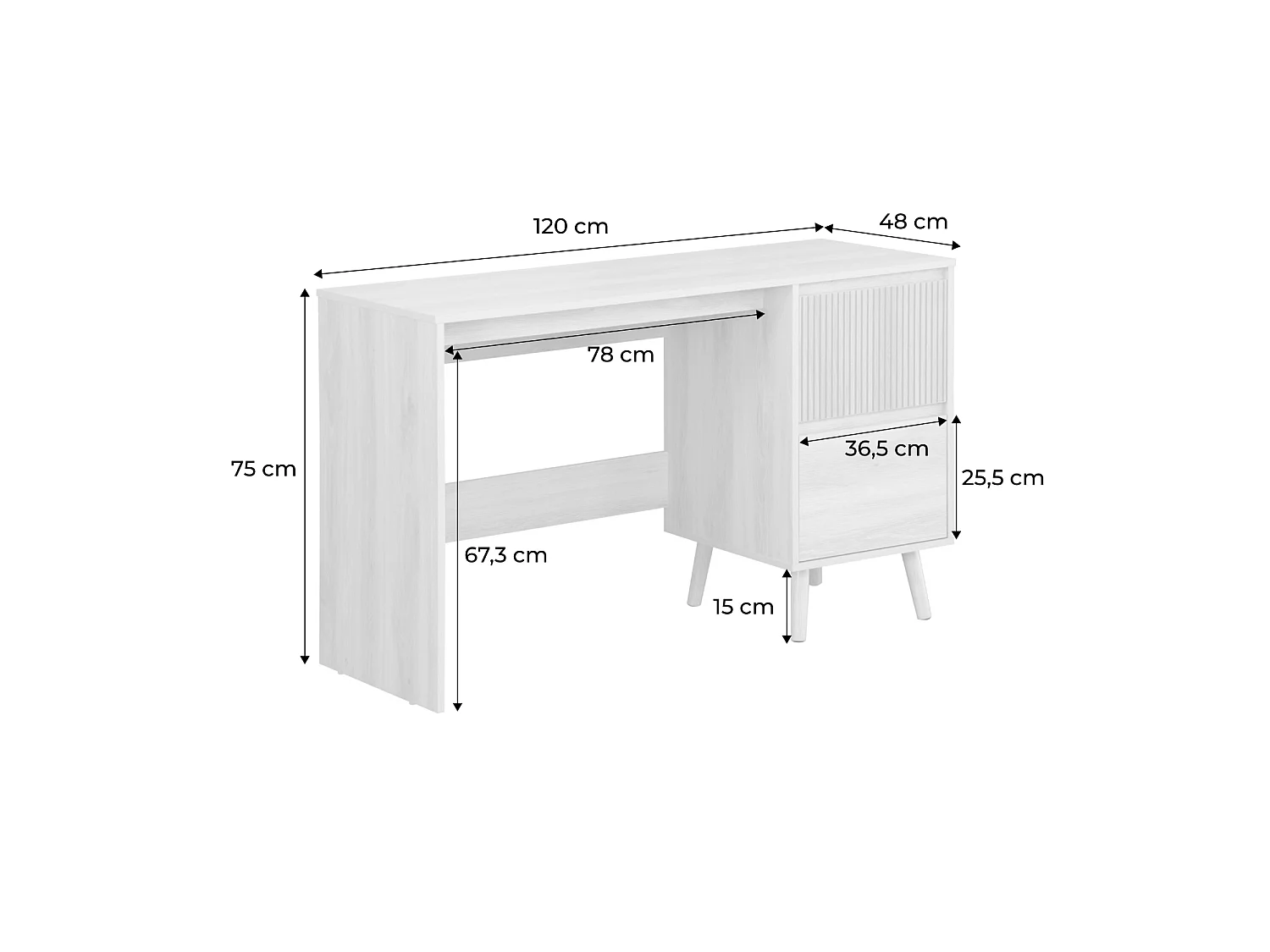 Scrivania scandinava decorazione in legno, 2 cassetti, Linear, Marrone naturale, 120x48x75 cm