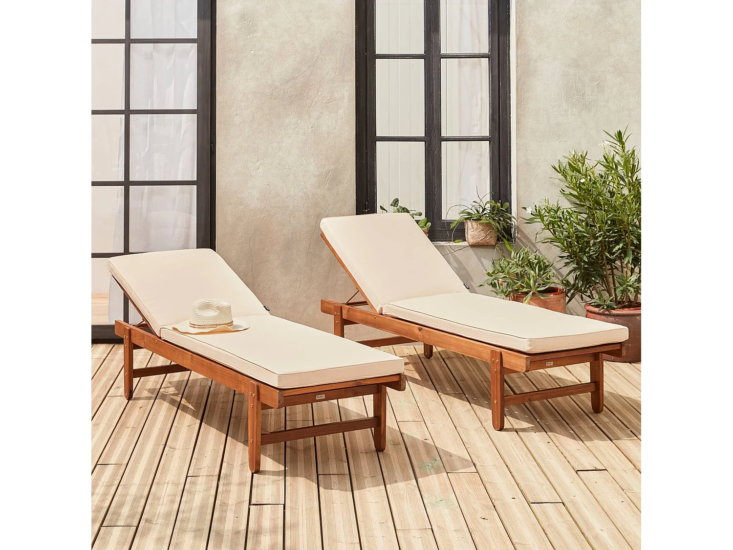 Tumbona de madera con ruedas, set de 2 beige