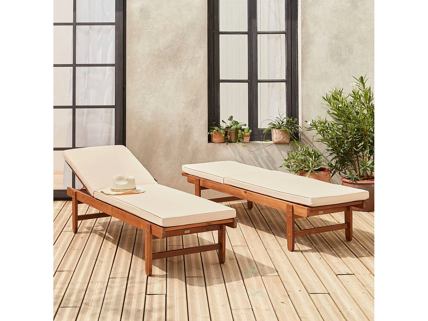 Tumbona de madera con ruedas, set de 2 beige