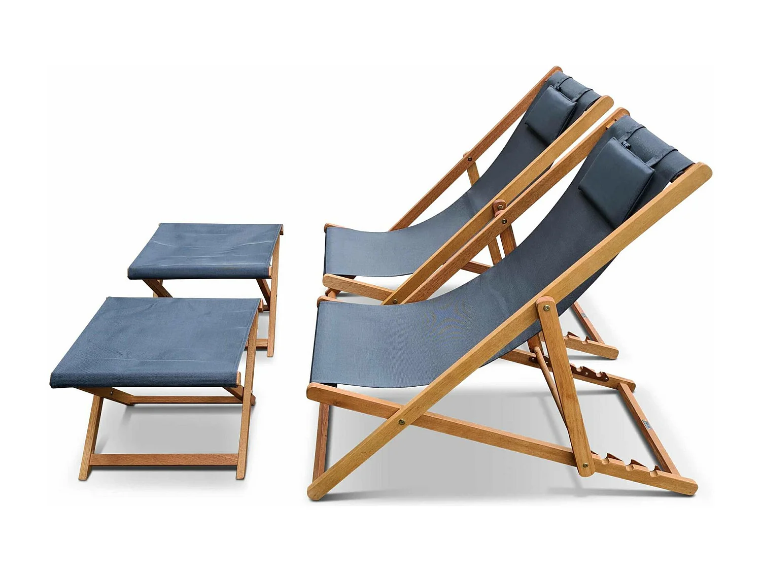 Chiliennes bois - Creus - 2 transats en bois d'Eucalyptus huilé avec coussin repose-tête gris et repose-pieds