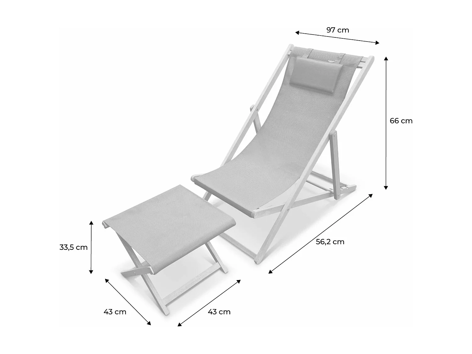 Chiliennes bois - Creus - 2 transats en bois d'Eucalyptus huilé avec coussin repose-tête gris et repose-pieds