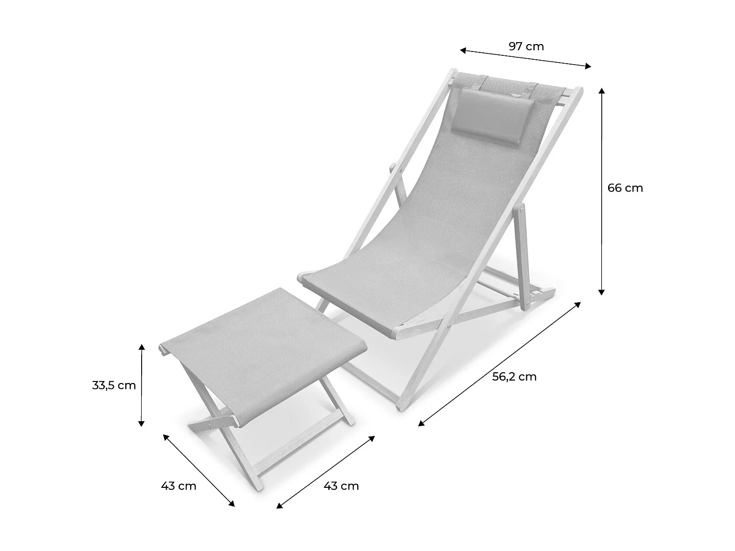 Chiliennes bois - Creus - 2 transats en bois d'Eucalyptus huilé avec coussin repose-tête gris et repose-pieds