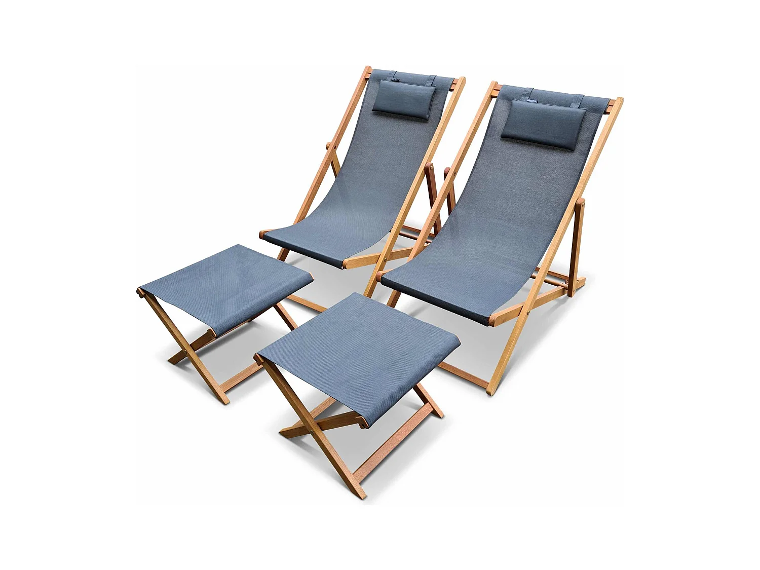 Chiliennes bois - Creus - 2 transats en bois d'Eucalyptus huilé avec coussin repose-tête gris et repose-pieds