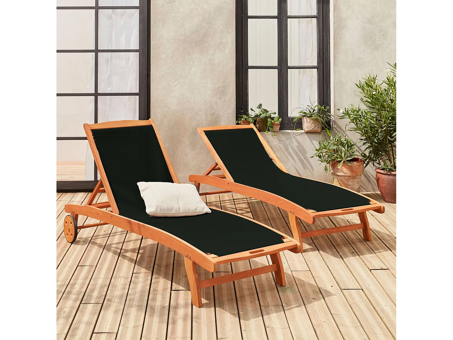 Set di 2 lettini multiposizione in legno con rotelle, nero