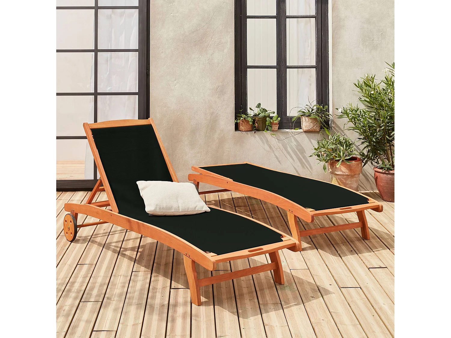 Set di 2 lettini multiposizione in legno con rotelle, nero