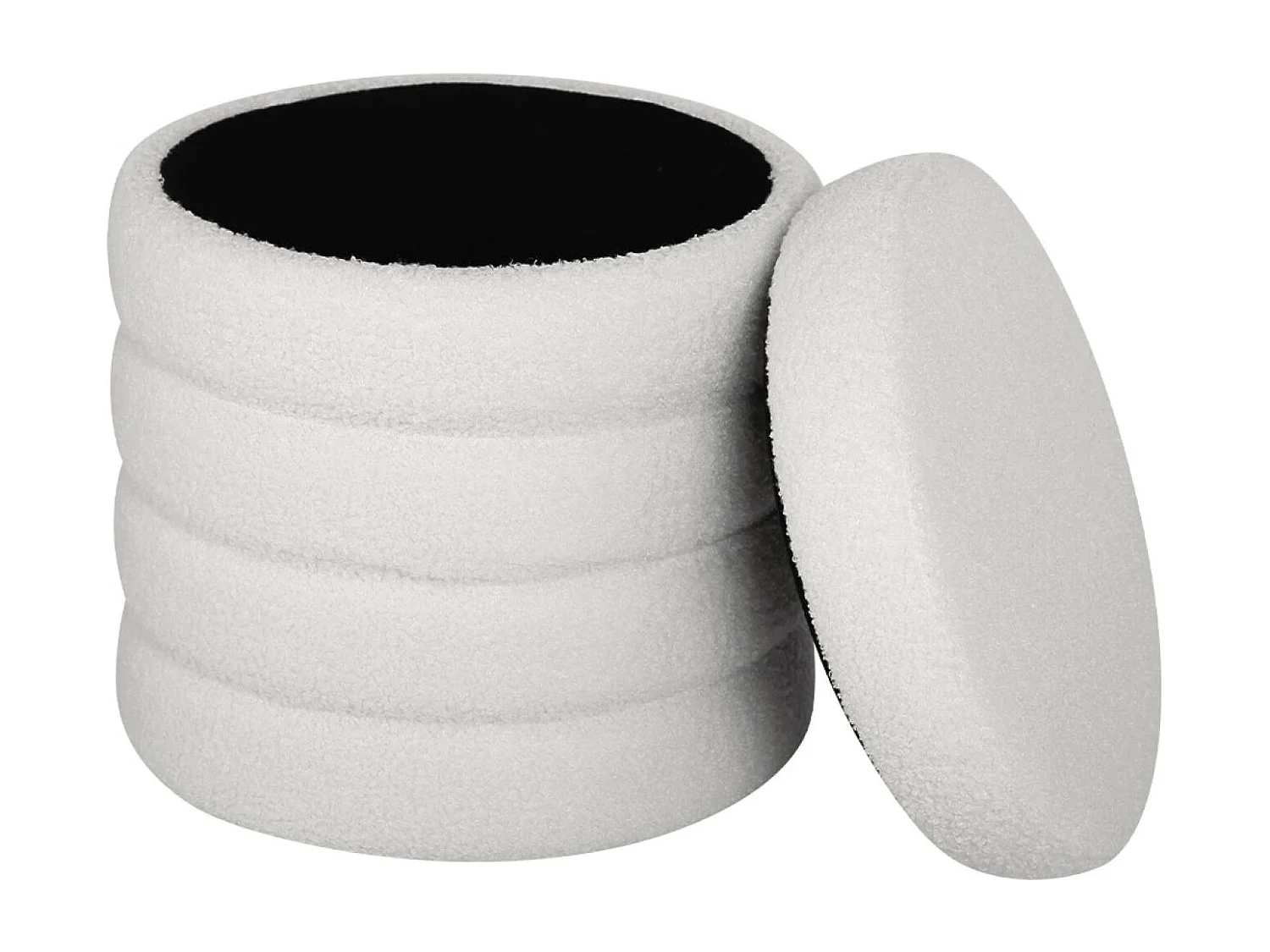 Tabouret en bouclettes blanches avec coffre de rangement intégré