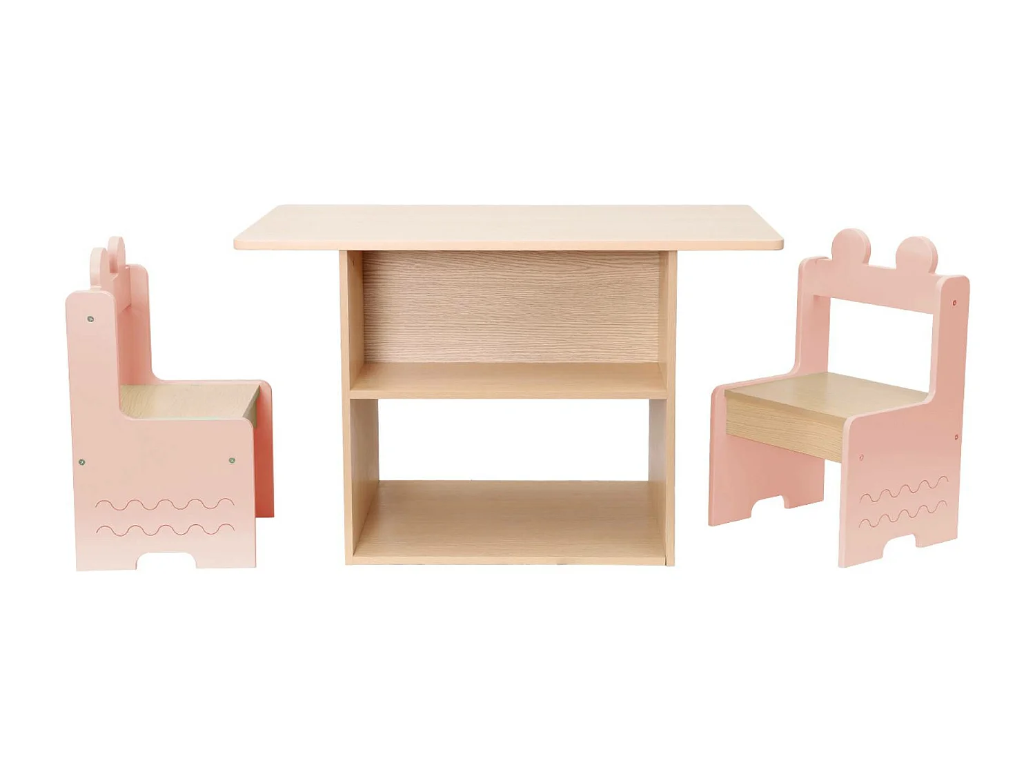 Table enfant + 2 chaises. avec étagères. rose