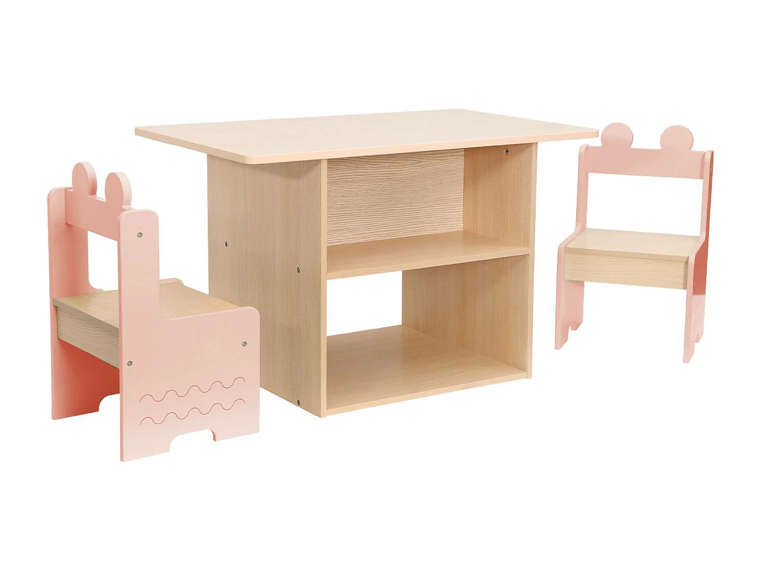 Table enfant + 2 chaises. avec étagères. rose