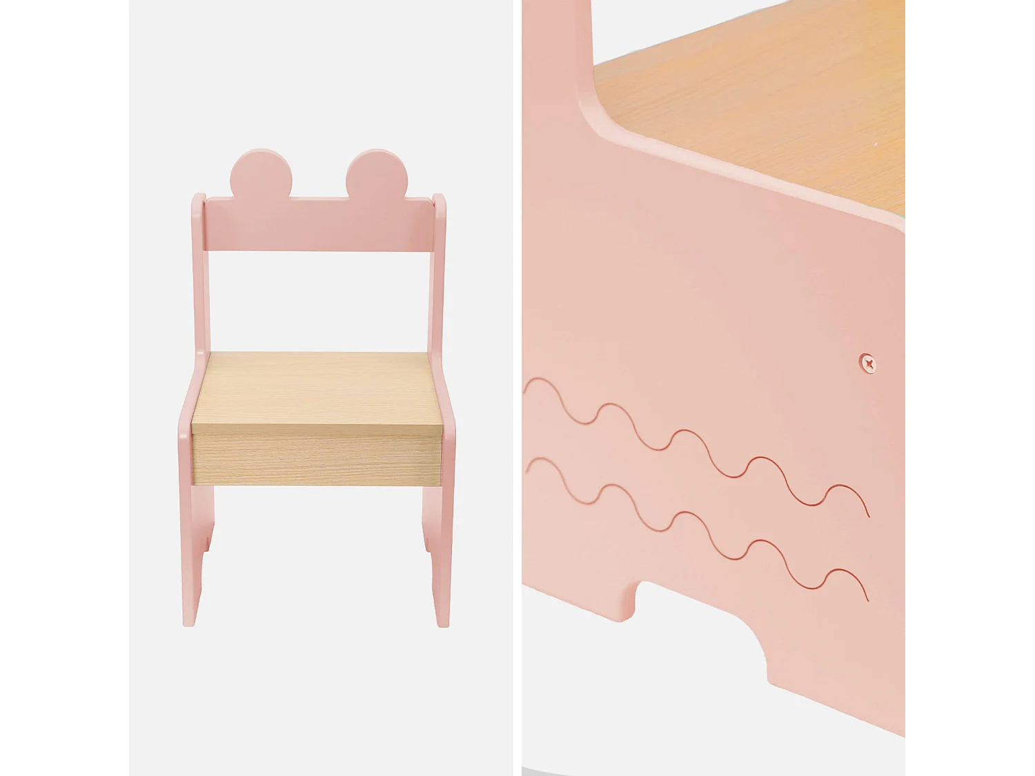 Table enfant + 2 chaises. avec étagères. rose