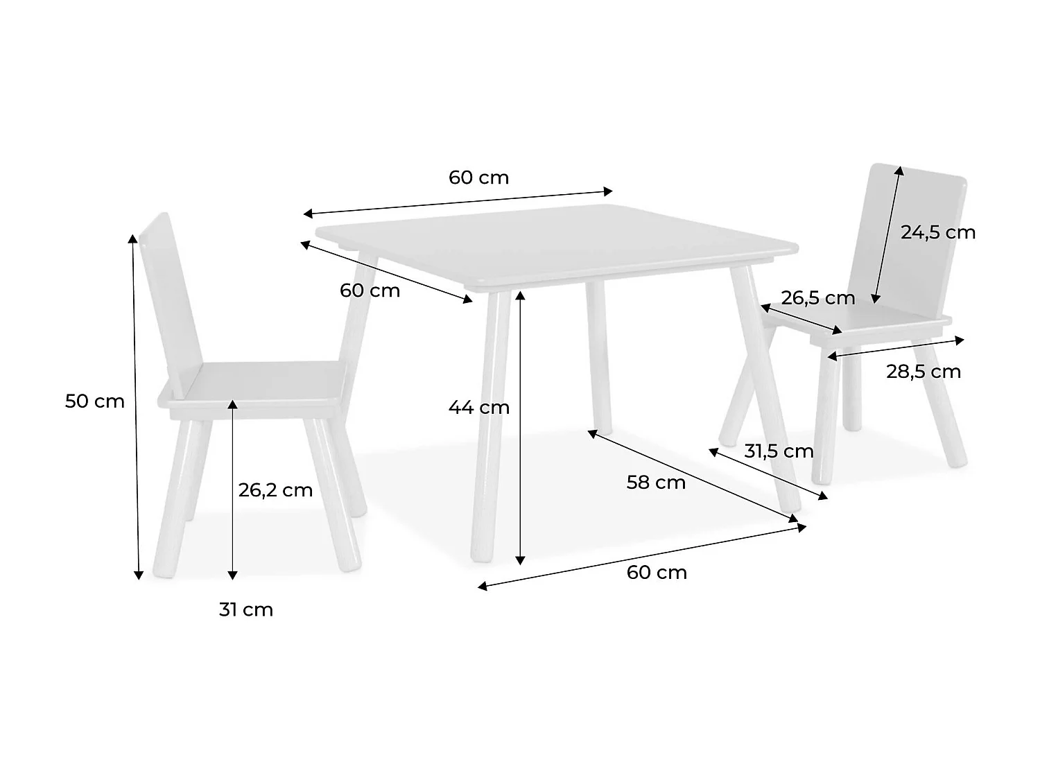 Table carrée enfant avec 2 chaises. pieds en pin. rose