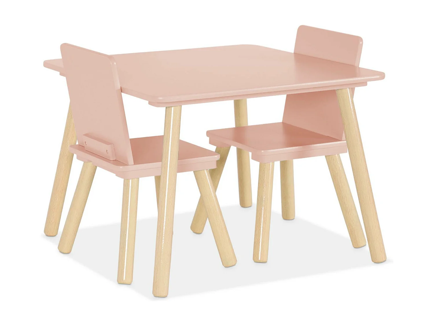 Table carrée enfant avec 2 chaises. pieds en pin. rose