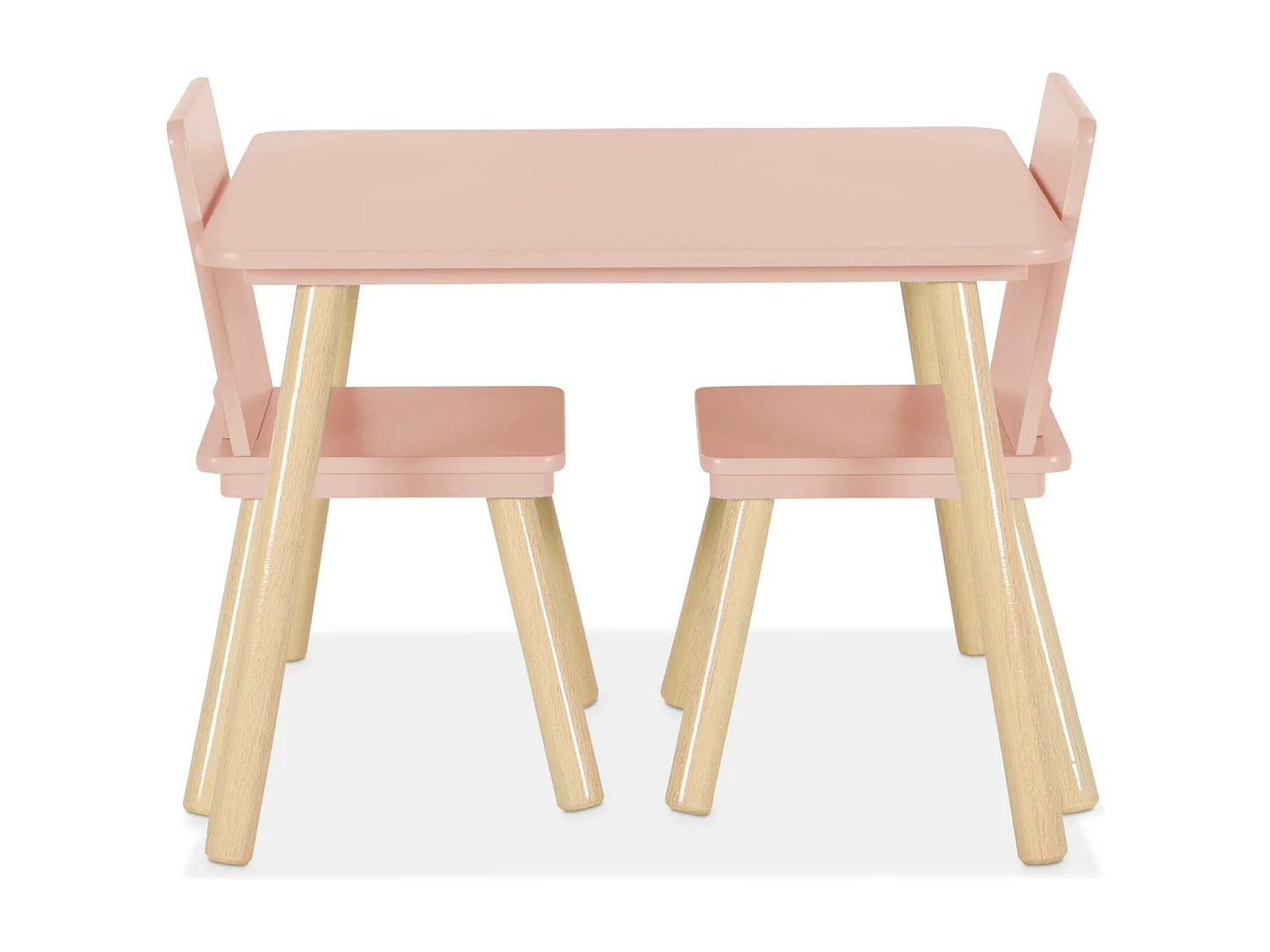 Table carrée enfant avec 2 chaises. pieds en pin. rose