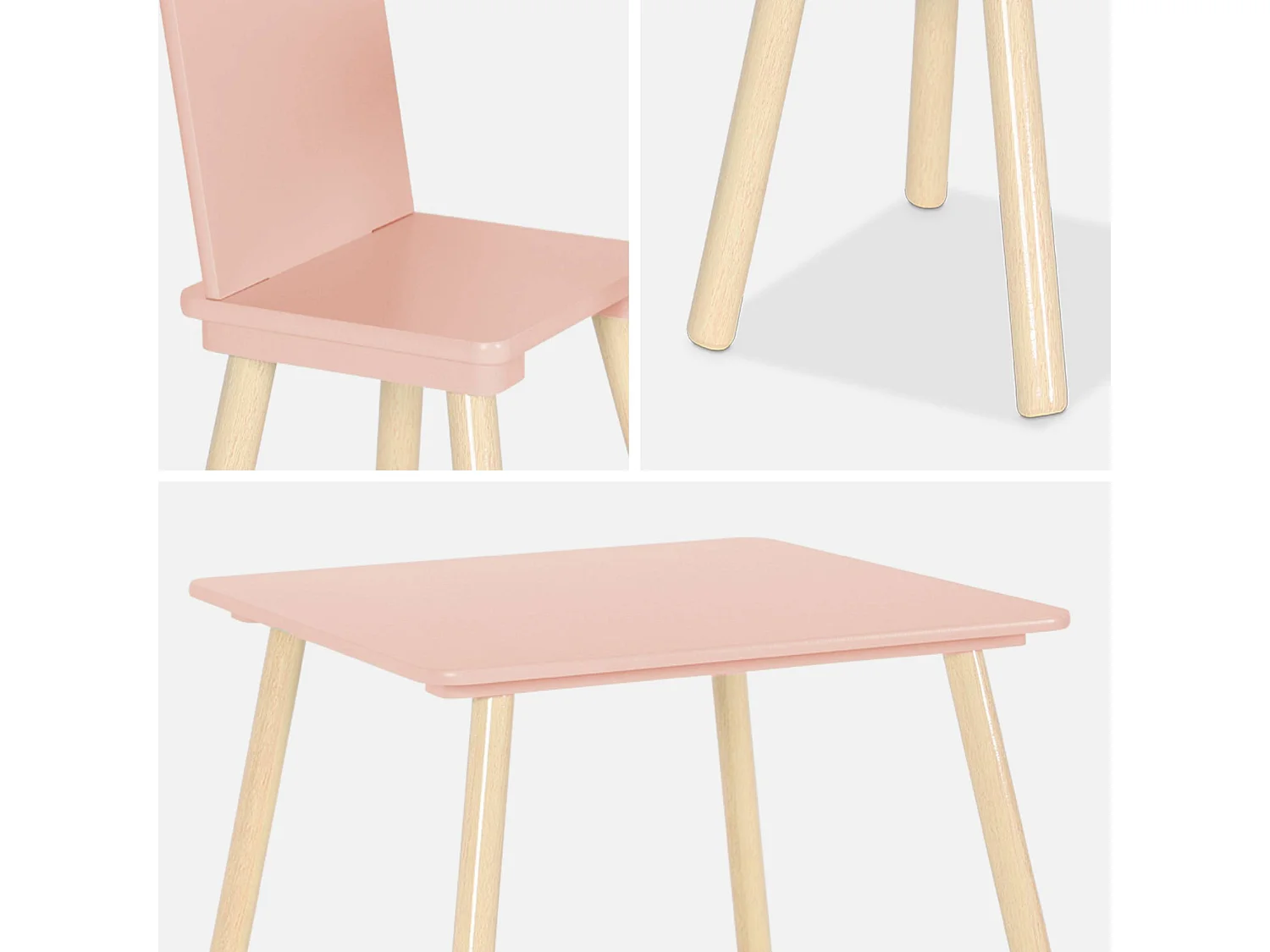 Table carrée enfant avec 2 chaises. pieds en pin. rose