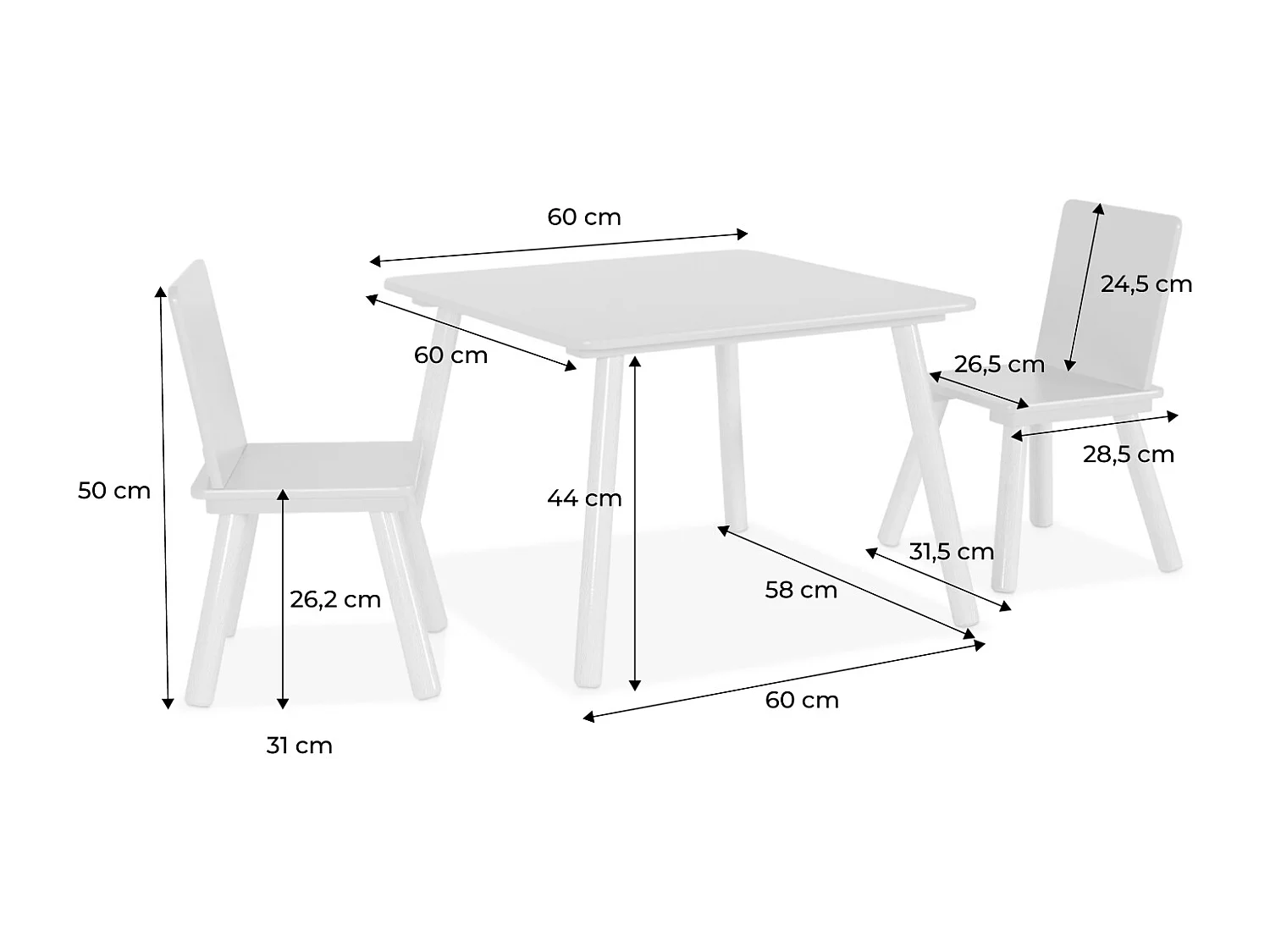 Table carrée enfant avec 2 chaises. pieds en pin. rose