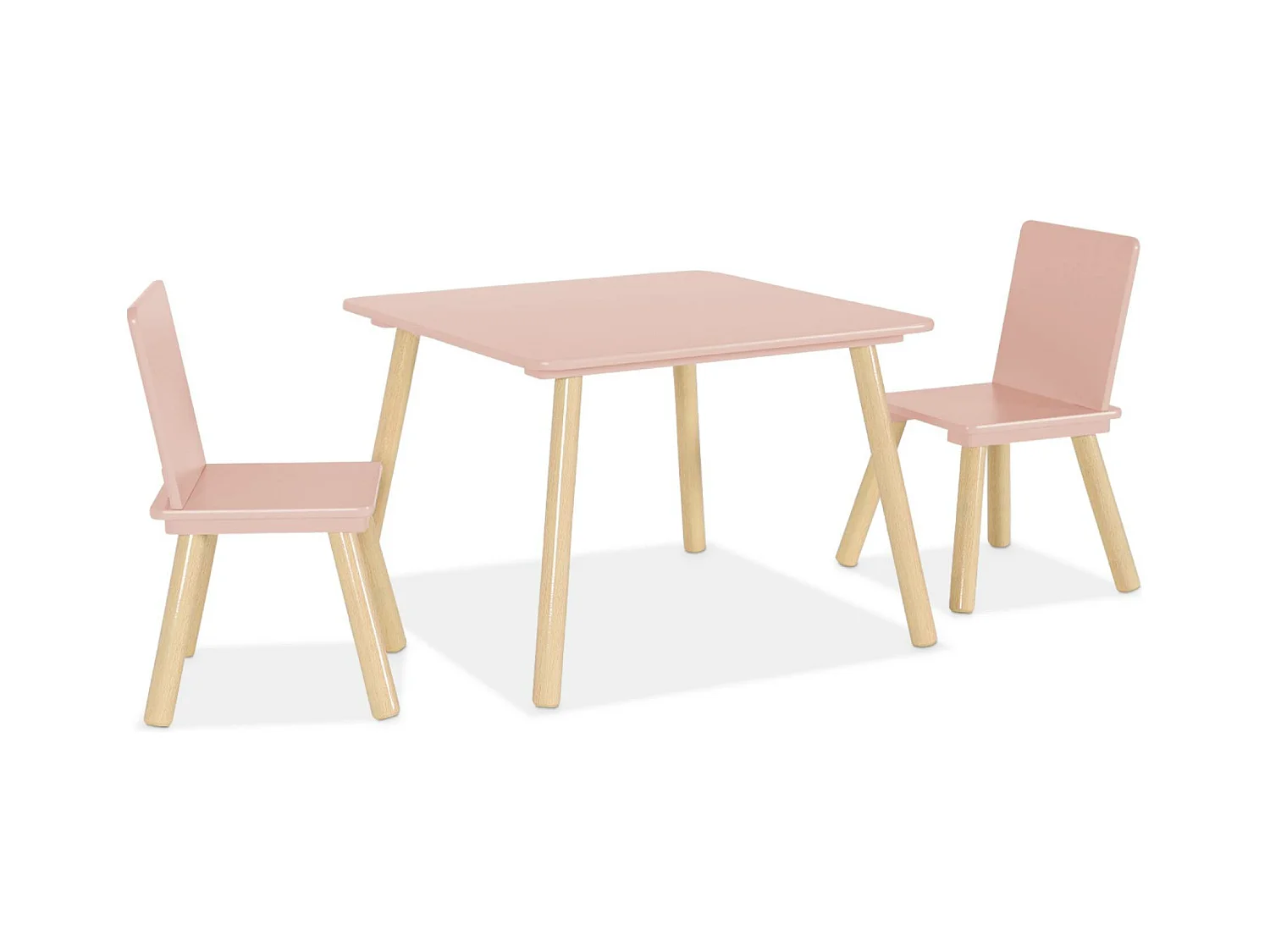 Table carrée enfant avec 2 chaises. pieds en pin. rose