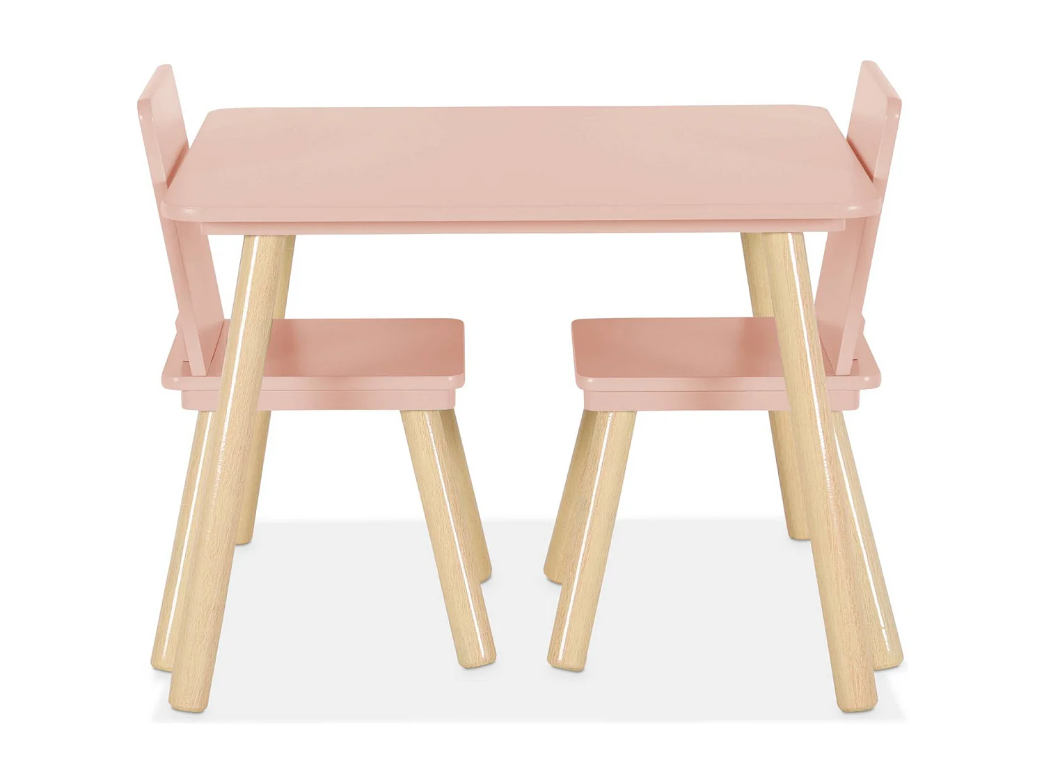 Table carrée enfant avec 2 chaises. pieds en pin. rose
