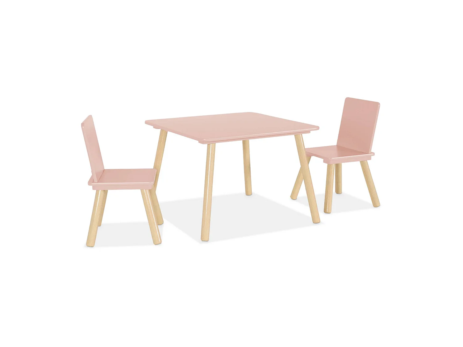 Table carrée enfant avec 2 chaises. pieds en pin. rose
