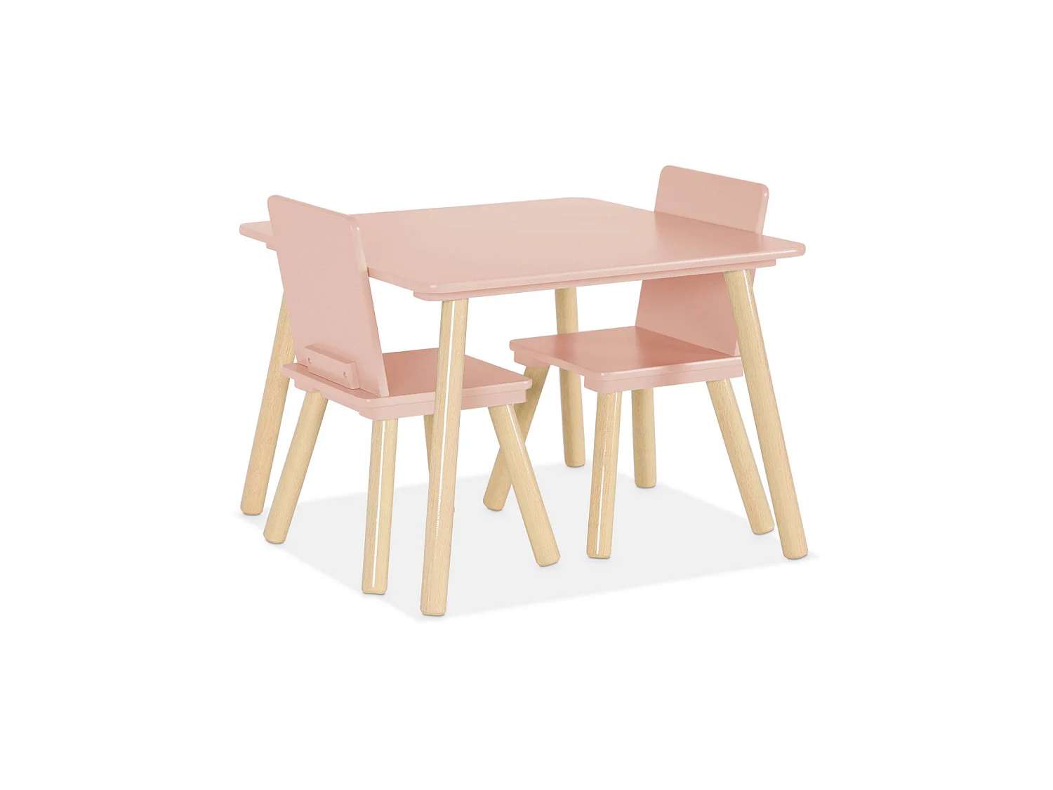 Table carrée enfant avec 2 chaises. pieds en pin. rose