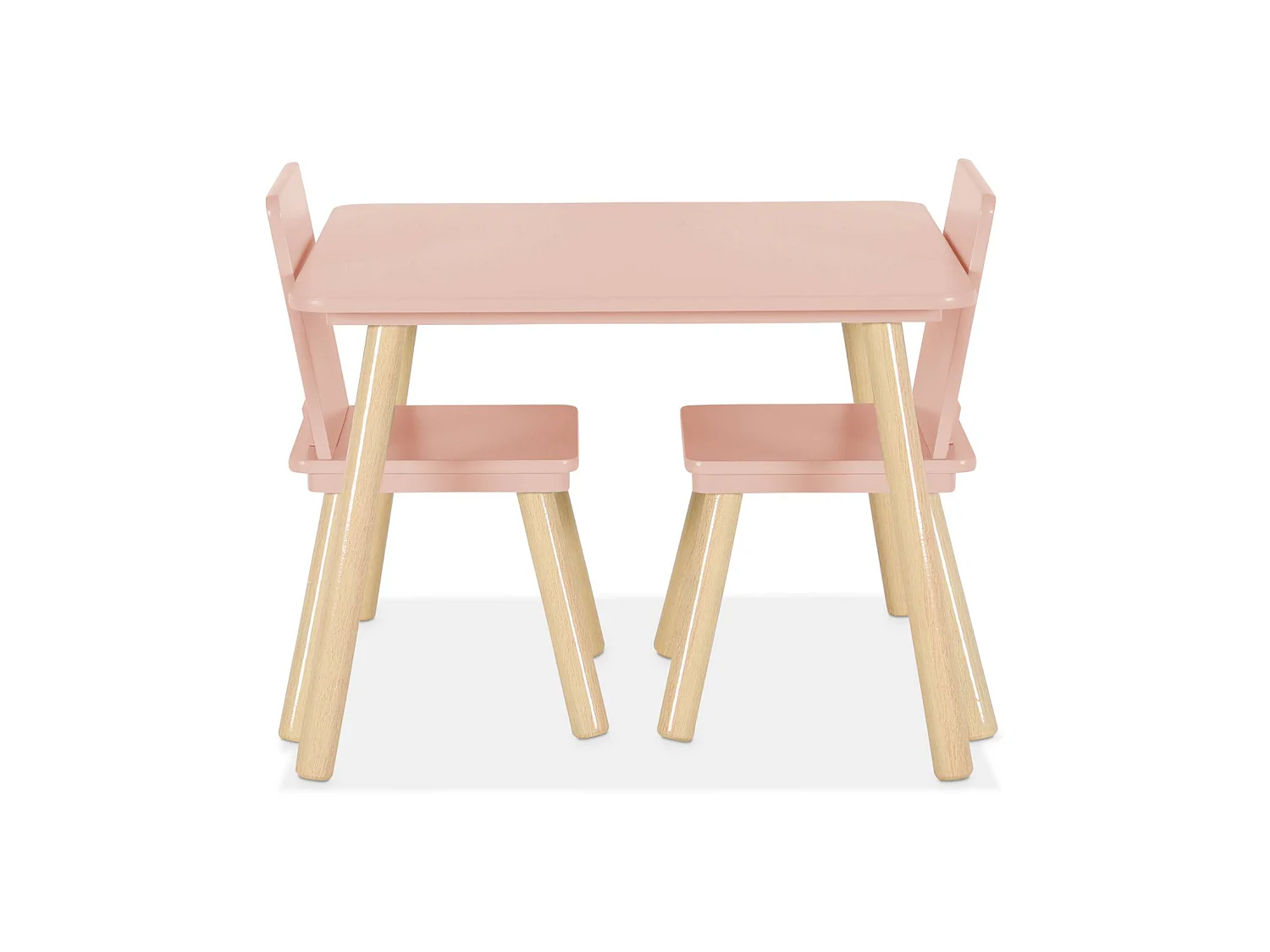 Table carrée enfant avec 2 chaises. pieds en pin. rose