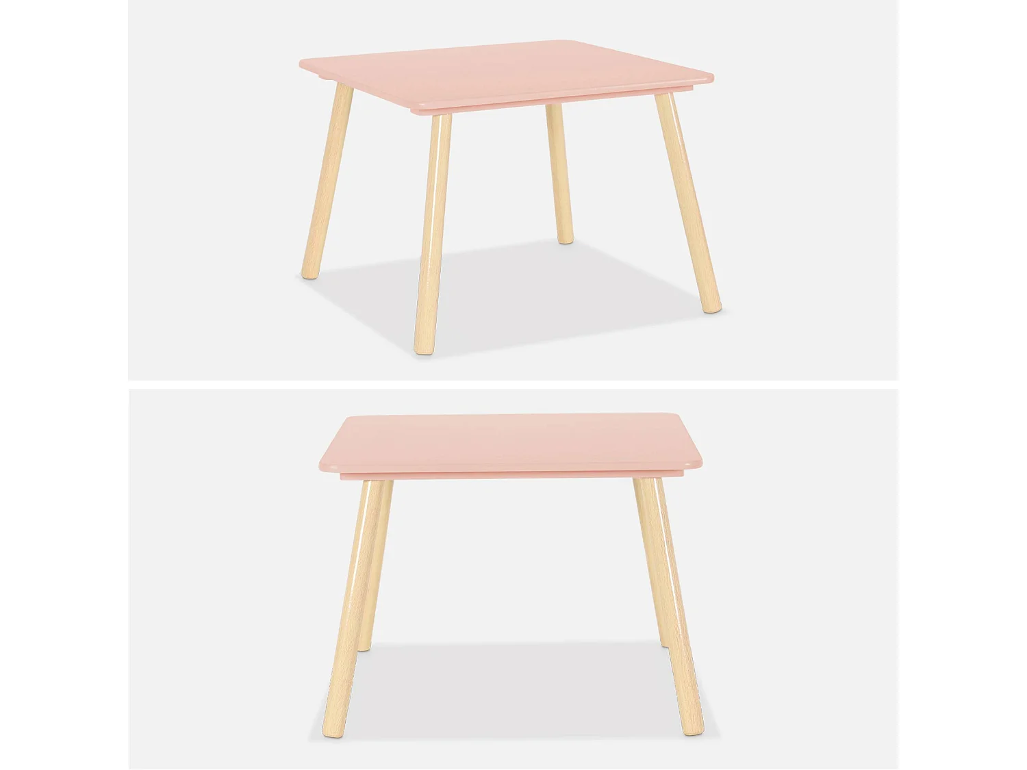 Table carrée enfant avec 2 chaises. pieds en pin. rose