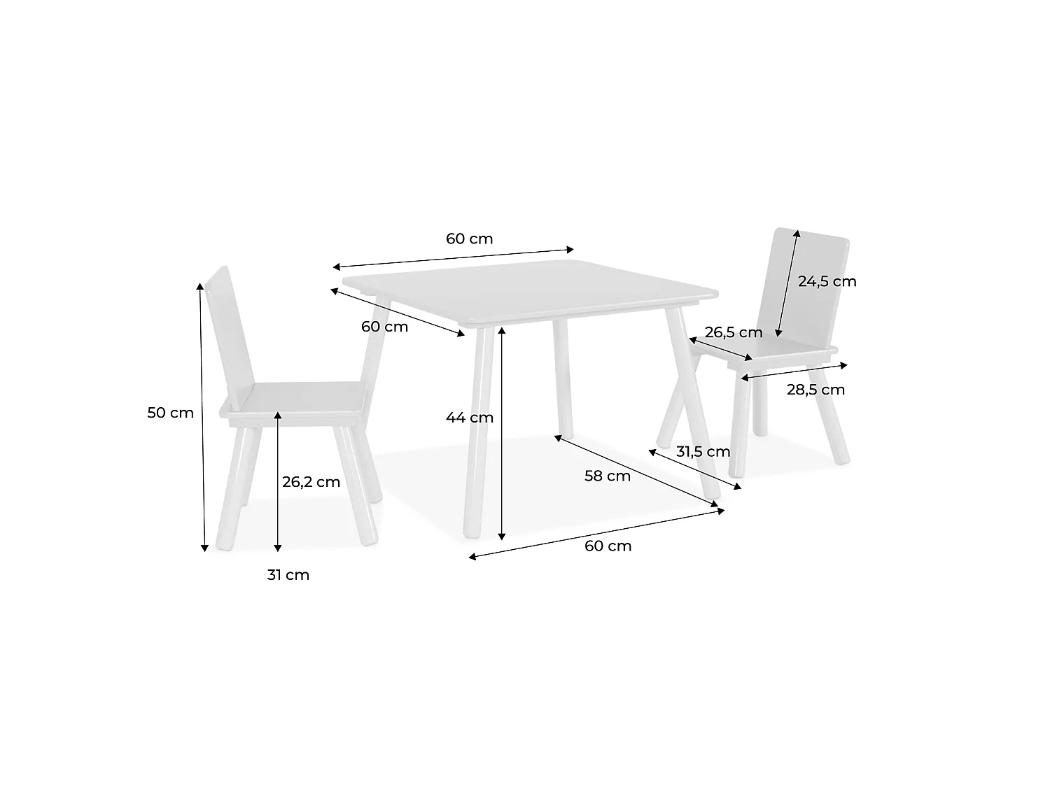 Table carrée enfant avec 2 chaises. pieds en pin. rose