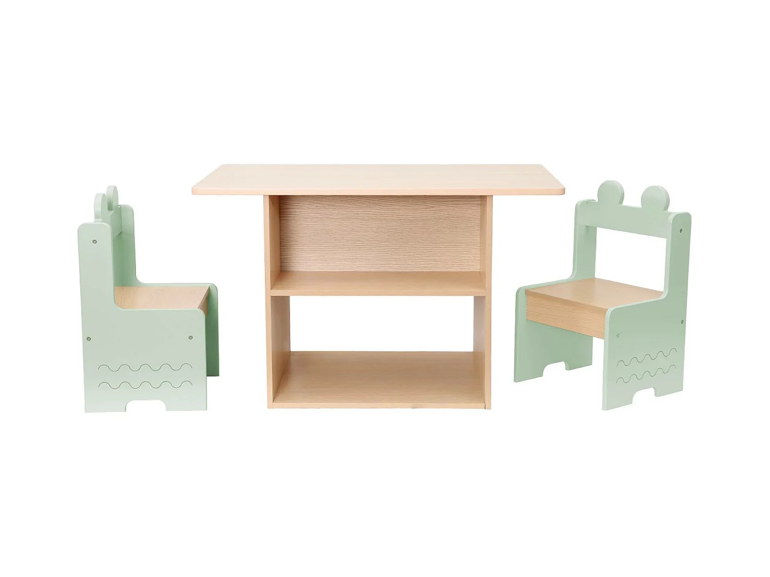 Tavolo per bambini + 2 sedie, con ripiani verde