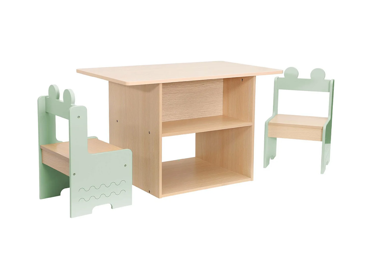 Tavolo per bambini + 2 sedie, con ripiani verde