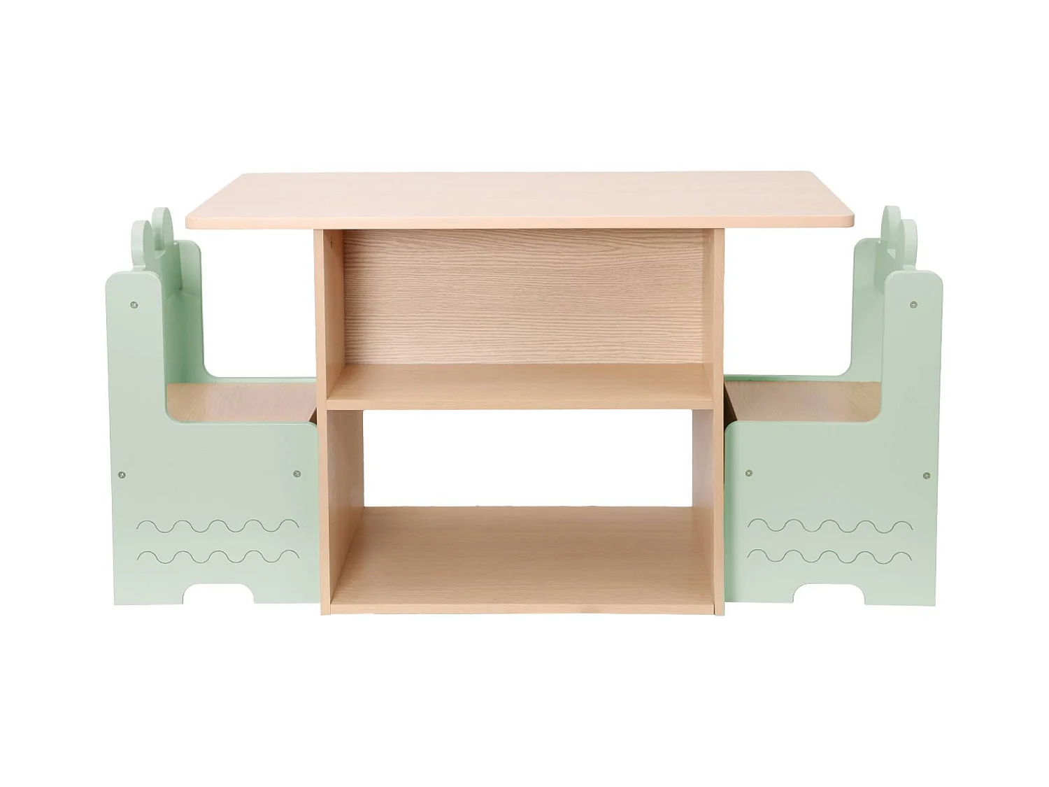 Tavolo per bambini + 2 sedie, con ripiani verde