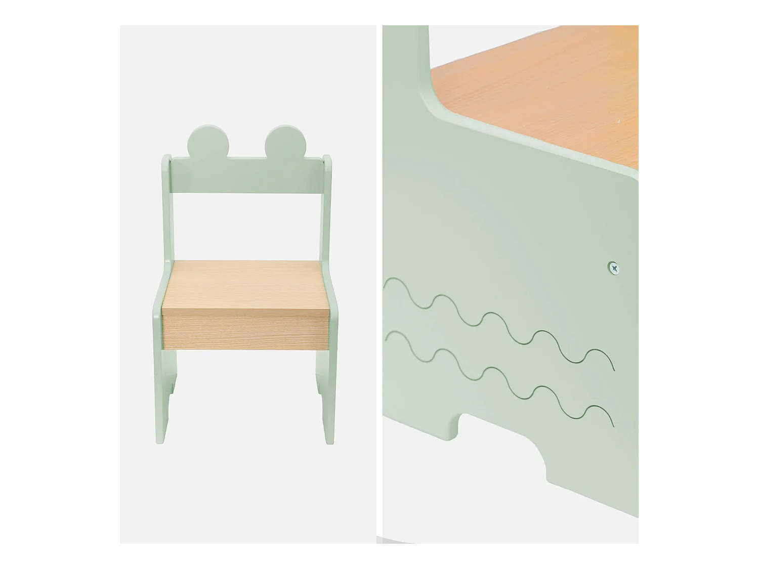 Tavolo per bambini + 2 sedie, con ripiani verde