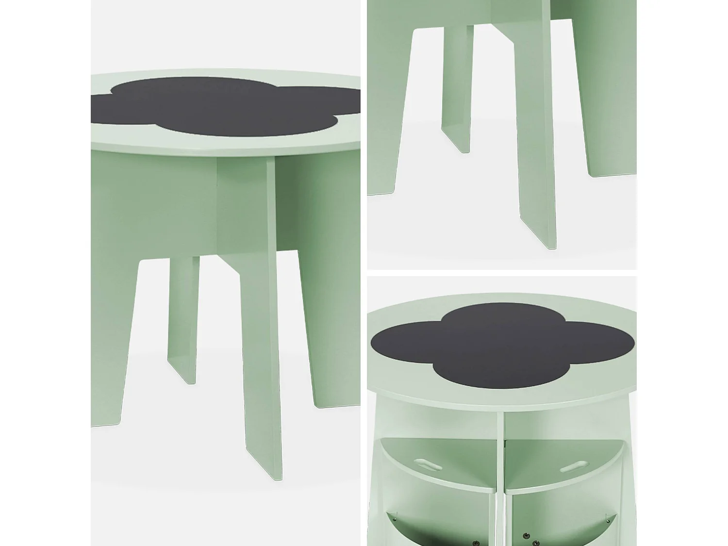 Mesa con pizarra y 4 sillas con almacenaje para niños verde