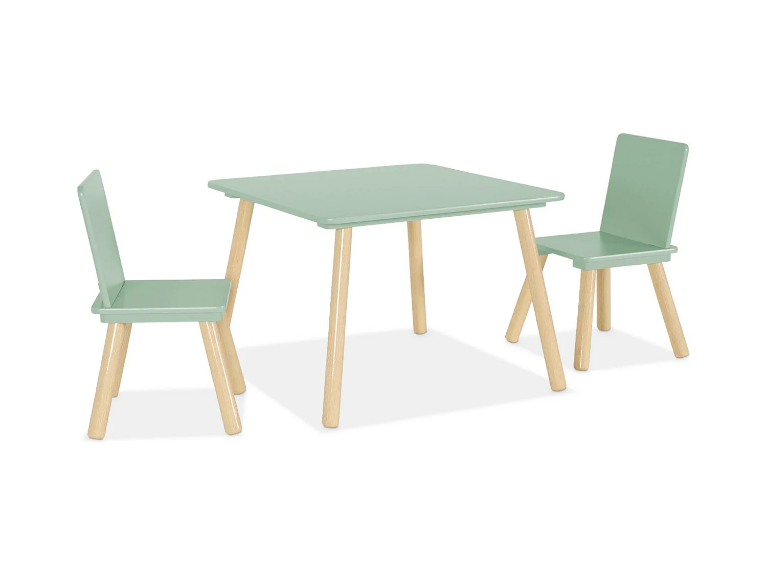 Table carrée enfant avec 2 chaises. pieds en pin. vert
