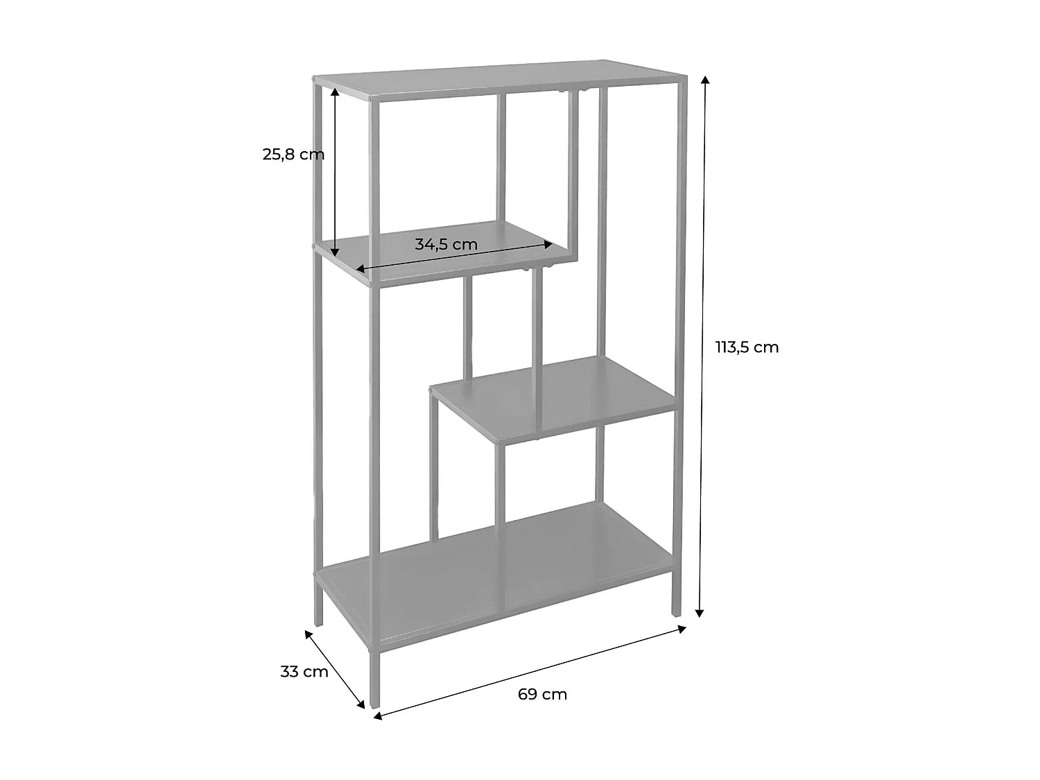 Etagère bibliothèque noir en métal noir asymétrique 4 niveaux INDUSTRIELLE  L 69 x P 33 x H 113.5cm