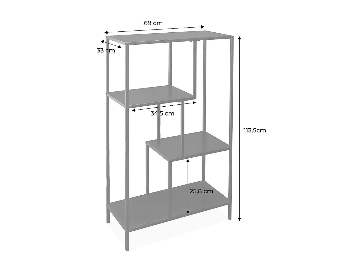 Etagère bibliothèque noir en métal noir asymétrique 4 niveaux INDUSTRIELLE  L 69 x P 33 x H 113.5cm