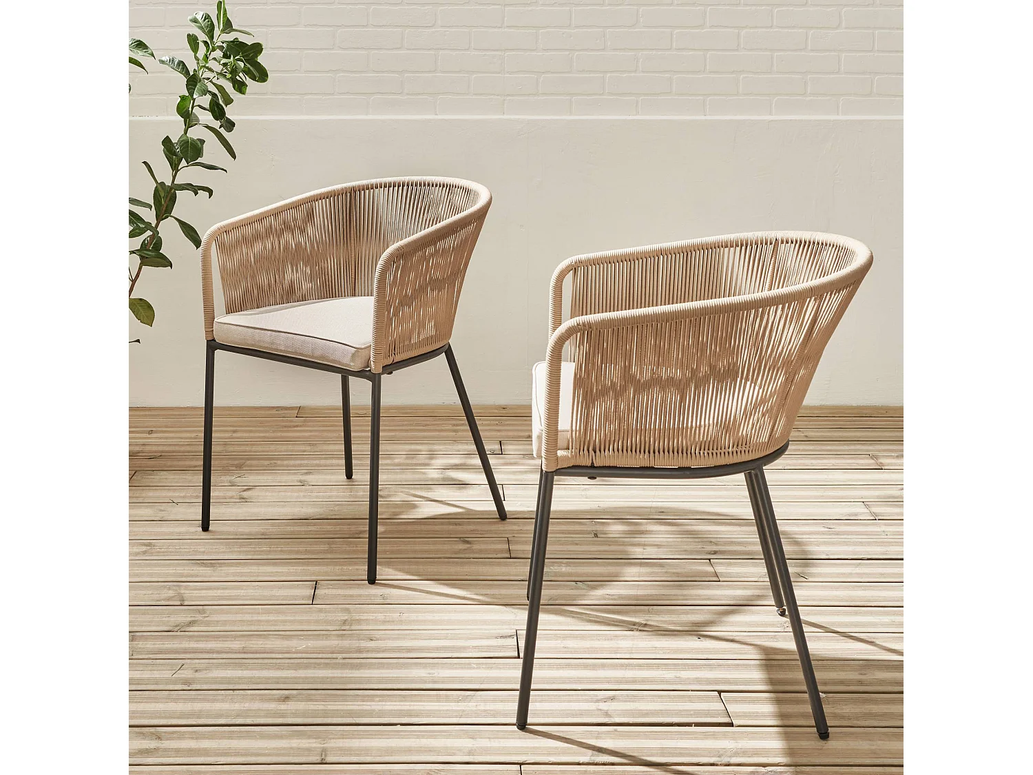 Sillón de jardín de cuerda y acero galvanizado, set de 2 beige