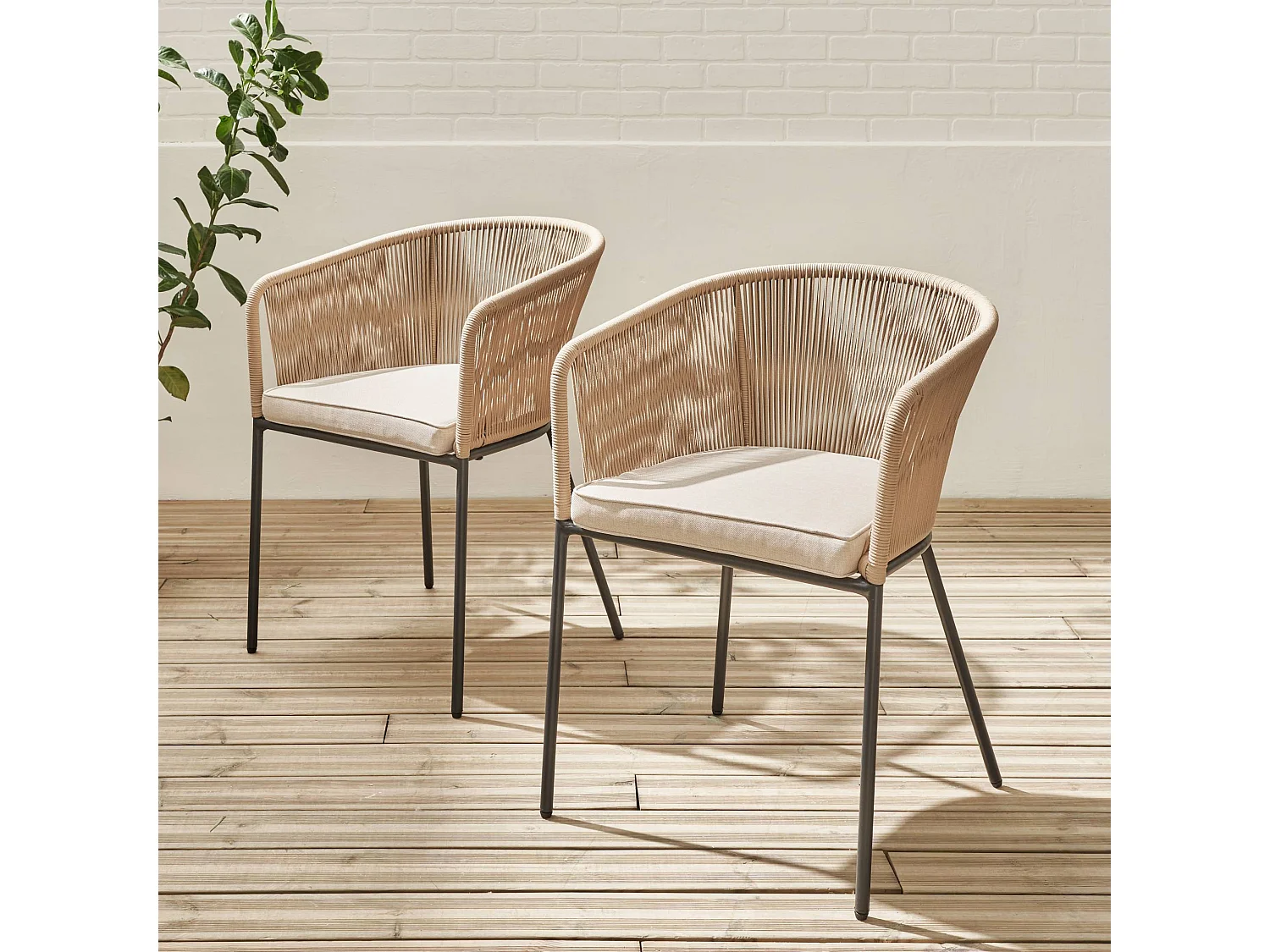 Sillón de jardín de cuerda y acero galvanizado, set de 2 beige