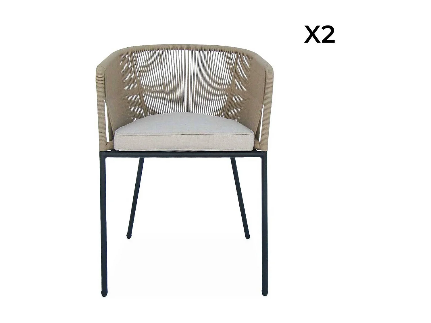 Lot de 2 fauteuils de jardin en corde beige et acier galvanisé. coussin beige