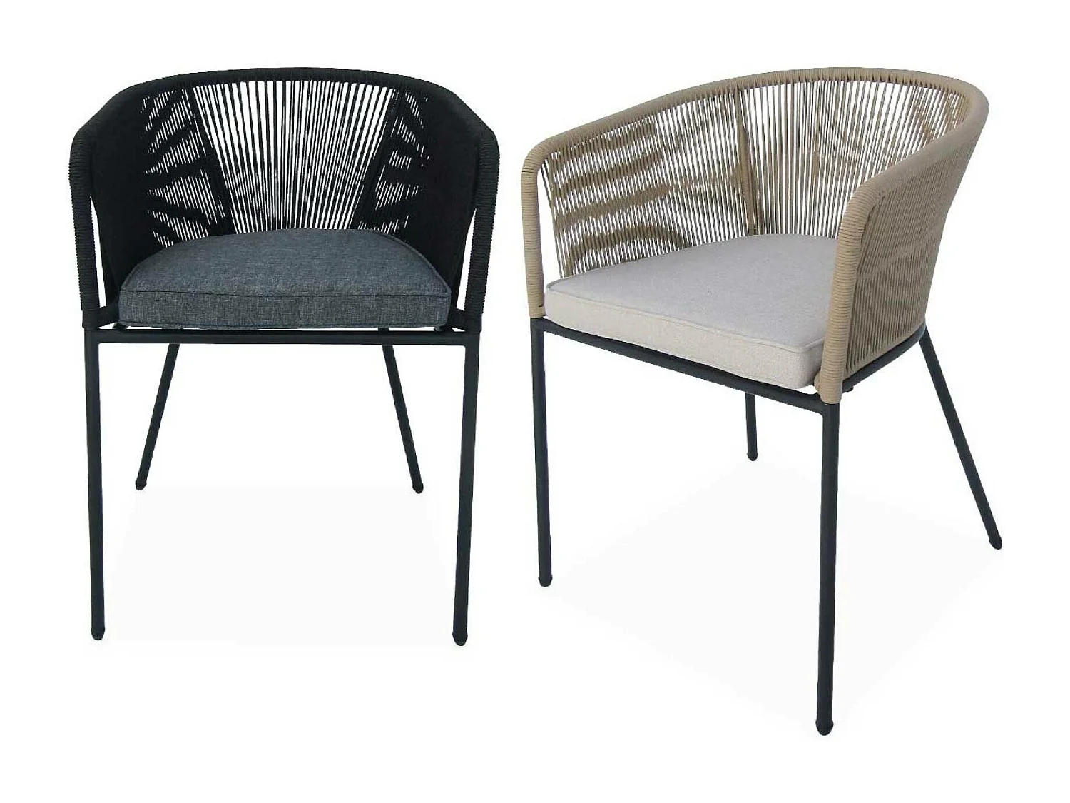 Lot de 2 fauteuils de jardin en corde beige et acier galvanisé. coussin beige