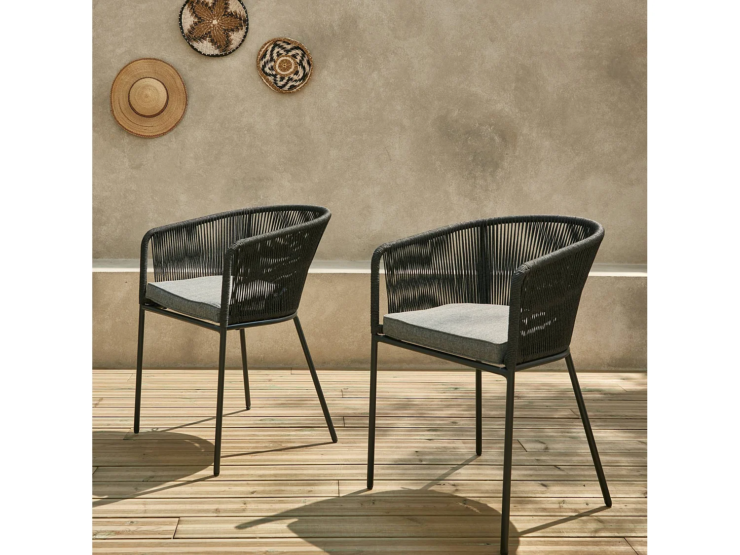 Sillón de jardín de cuerda y acero galvanizado, set de 2 negro