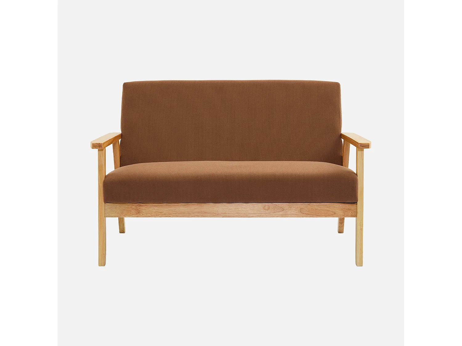 Banquette canapé 2 places en bois et tissu velours côtelé coloris marron. Isak. L 114 x P 69.5 x H 73cm