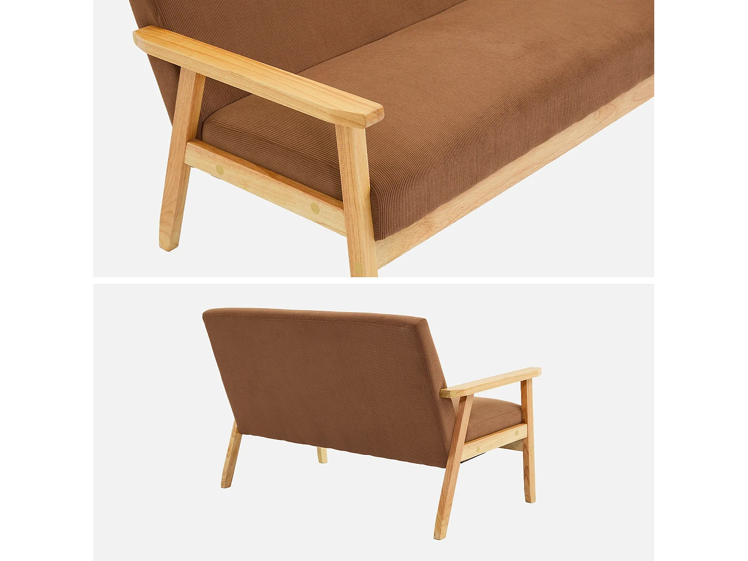 Banquette canapé 2 places en bois et tissu velours côtelé coloris marron. Isak. L 114 x P 69.5 x H 73cm