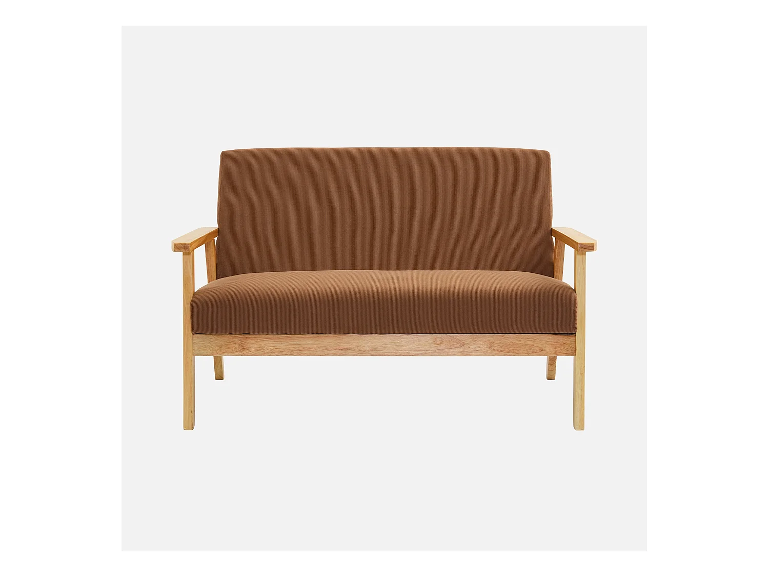 Divanetto a 2 posti in velluto a coste con gambe in legno, marrone