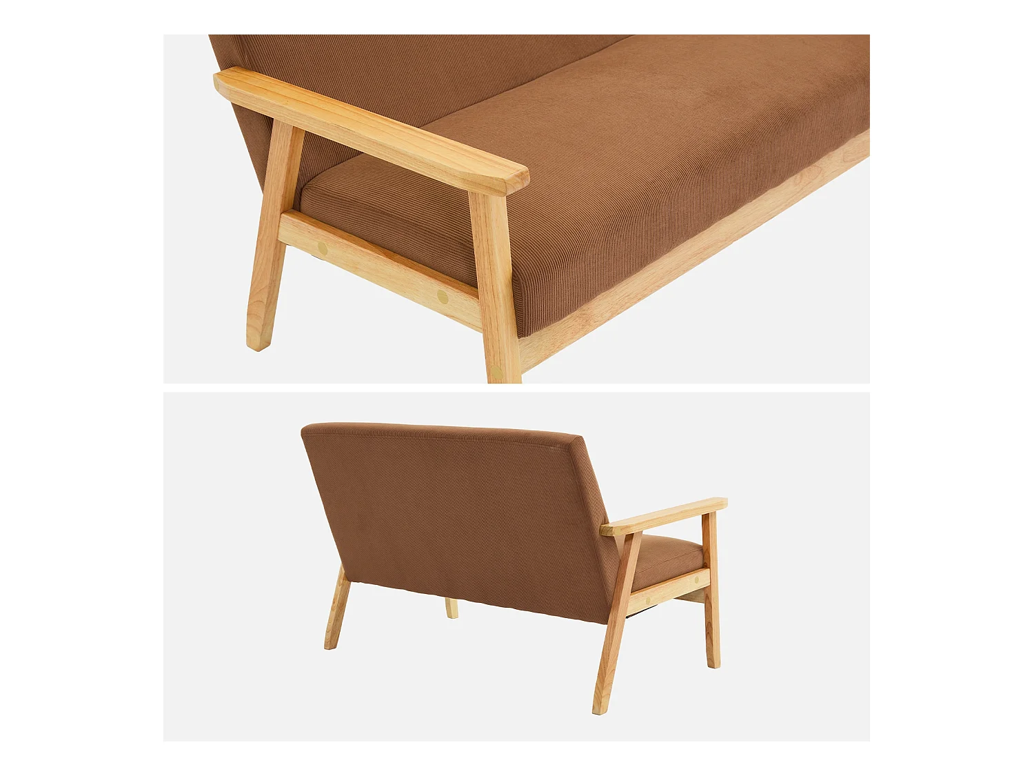 Divanetto a 2 posti in velluto a coste con gambe in legno, marrone