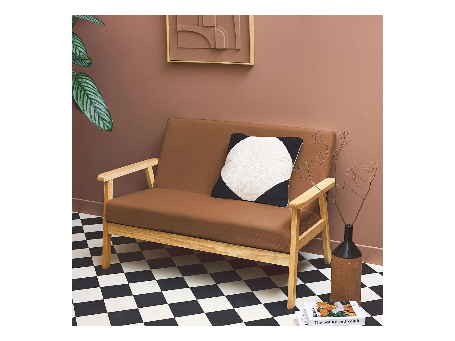 Divanetto a 2 posti in velluto a coste con gambe in legno, marrone