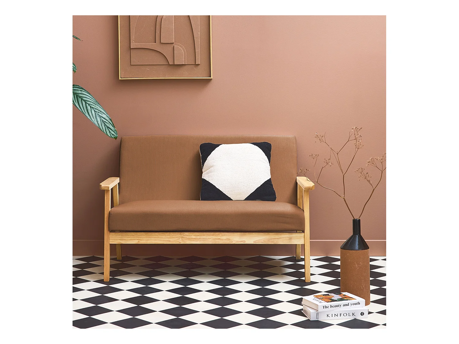 Divanetto a 2 posti in velluto a coste con gambe in legno, marrone