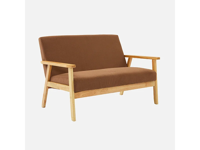 Banquette canapé 2 places en bois et tissu velours côtelé coloris marron. Isak. L 114 x P 69.5 x H 73cm