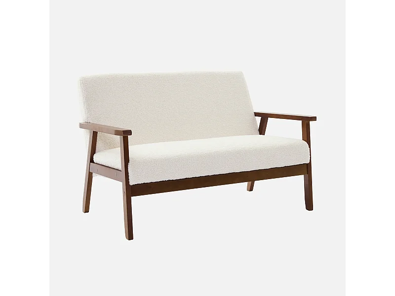 Banquette canapé 2 places en bois teinté noyer clair et tissu bouclette. Isak. L 114 x P 69.5 x H 73cm